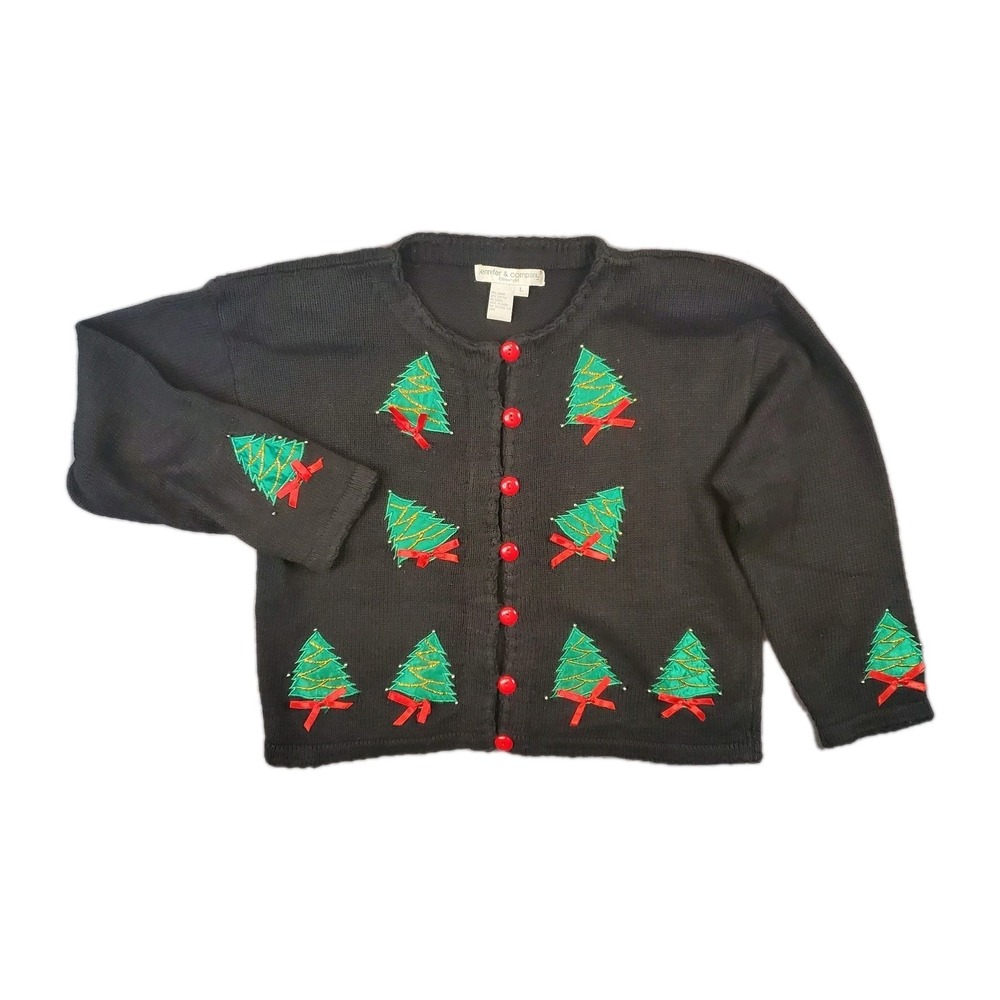 Vtg Jennifer & Company Womens Button Up Christmas Trees Sweater Ribbons Size L